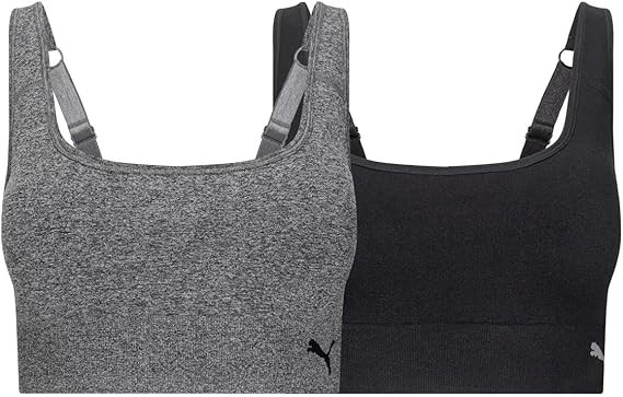 PUMA Women's Performance 2-Pack Seamless Sports Bras for Women with Adjustable Straps and Removable Pads