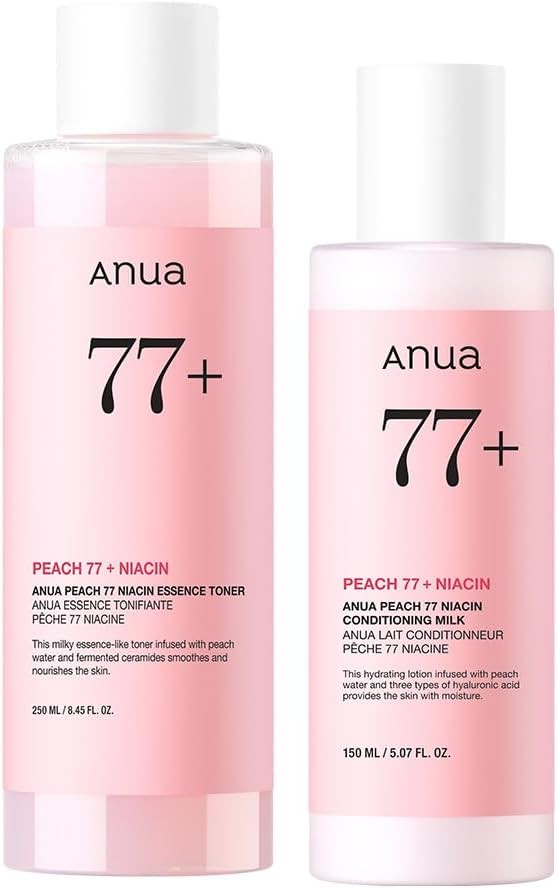 ANUA Peach 77 Niacin Essence Toner 250ml + Peach 77 Niacin Conditioning Milk 150ml 2-Step Set (Toner + Lotion) Skin Tone, Glowing Skin, Hydrated Skin, Exfoliation, Moisture, Hydration, Dry Skin