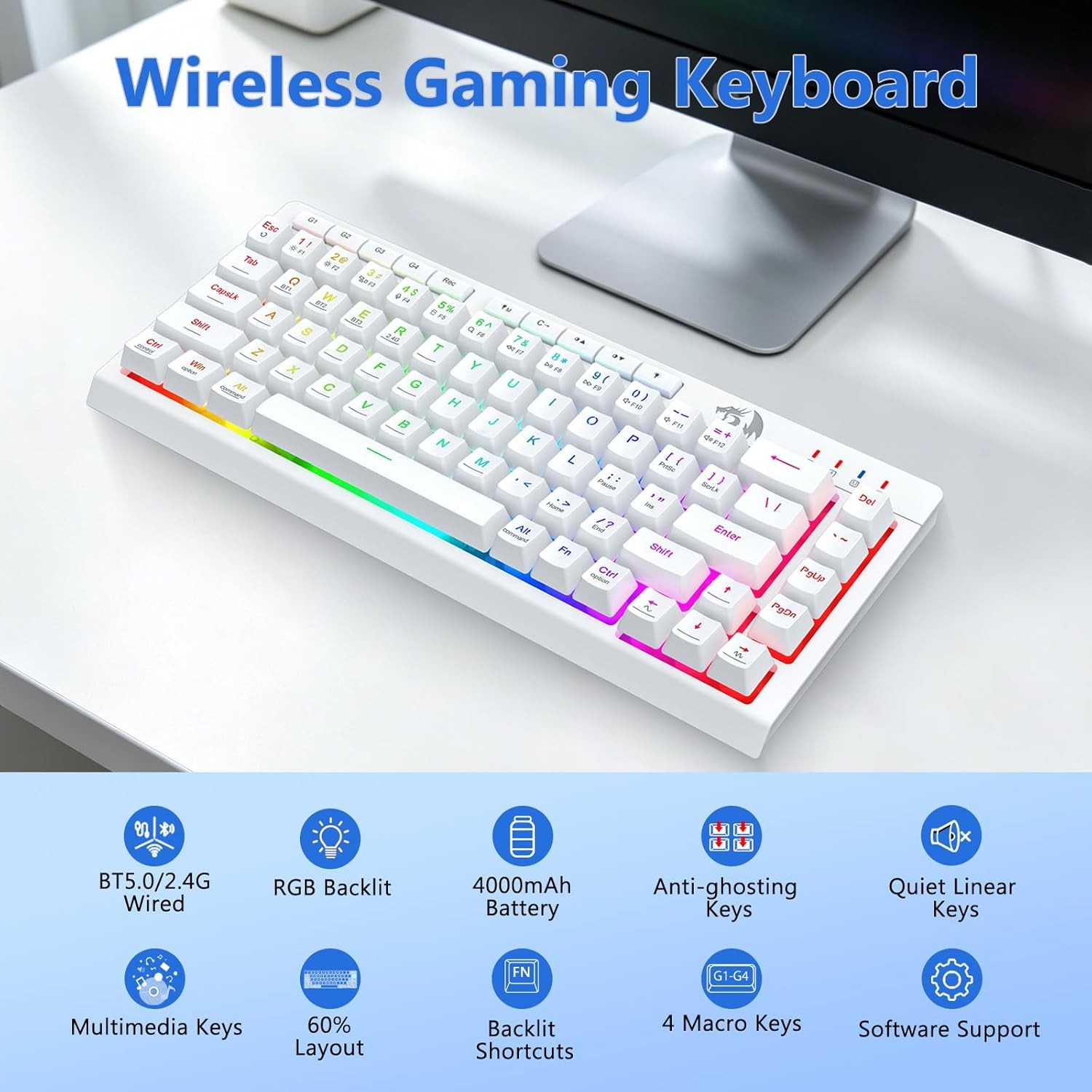 Redragon Wireless Gaming Keyboard and Mouse Combo, Bluetooth/2.4G/USB-C Wired, RGB Backlit, 60% Portable Quiet Rechargeable Macro Membrane Keyboard & 12800 DPI Mouse for Win/MAC, White