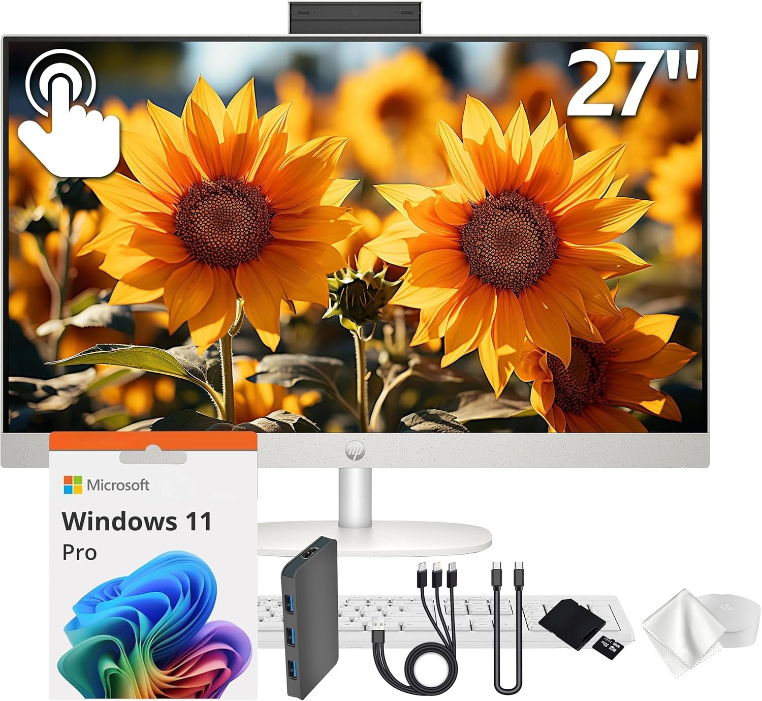HP 27" FHD Touchscreen All-in-One Desktop, AMD Ryzen 5 7520U, 16GB LPDDR5, 2TB Storage (1TB SSD&1TB Docking Station), FHD IR Camera, Wi-Fi 6, Wireless Keyboard & Mouse, Windows 11 Pro, White