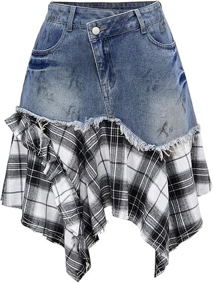 SOLY HUX Women's Plus Size Y2k Plaid Denim Skirts Grunge Punk A Line Flowy Short Skirt