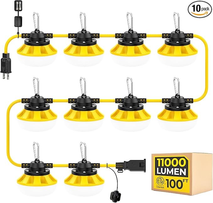 100FT Construction String Lights, 10-Light LED Work Light, 100W 11000LM, ETL Certified, 18/2 SJTW Cord, Linkable up to 8 Sets, IP65 Waterproof, for Jobsite, Attic, Garage