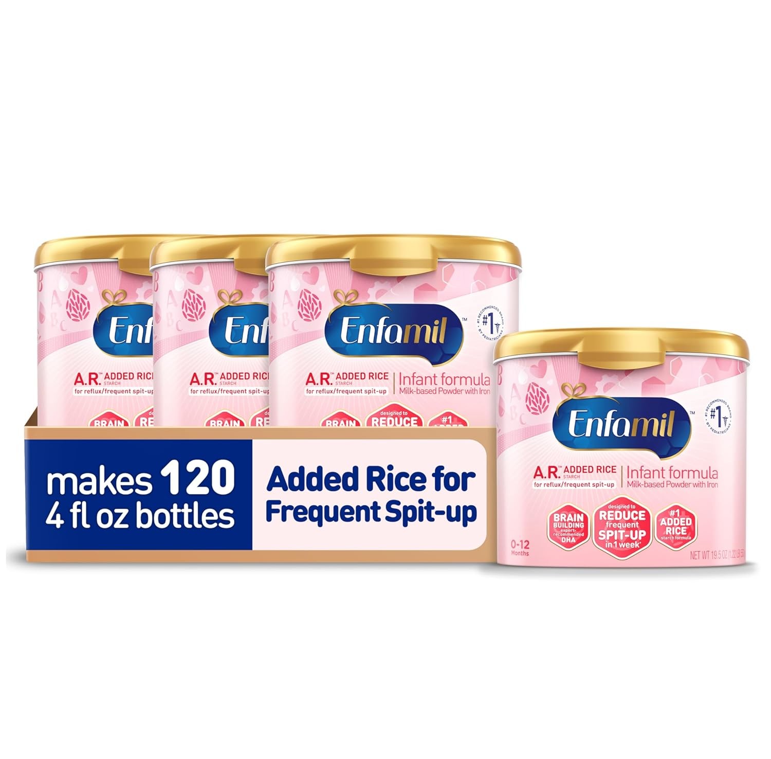Enfamil A.R. Baby Formula, Added Rice Starch Formula to Reduce Reflux & Spit-Up, DHA for Brain Development, Probiotics to Support Digestive & Immune Health, Baby Milk, 19.5 Oz Tub, 4 Count