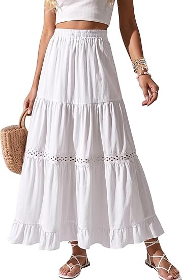 Womens Long Maxi Skirt Boho Cotton Lace Crochet Flowy A-Line High Waisted Skirts 2026 Summer Beach Vacation Outfits