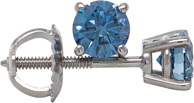 New World Diamonds Women's 14K White Gold Earrings, IGI Certified, 3/4 Carat Synthetic Diamond Stud Earrings, Screw-Back (White I-J, Pink-Blue Color, VS2-SI1 Clarity)