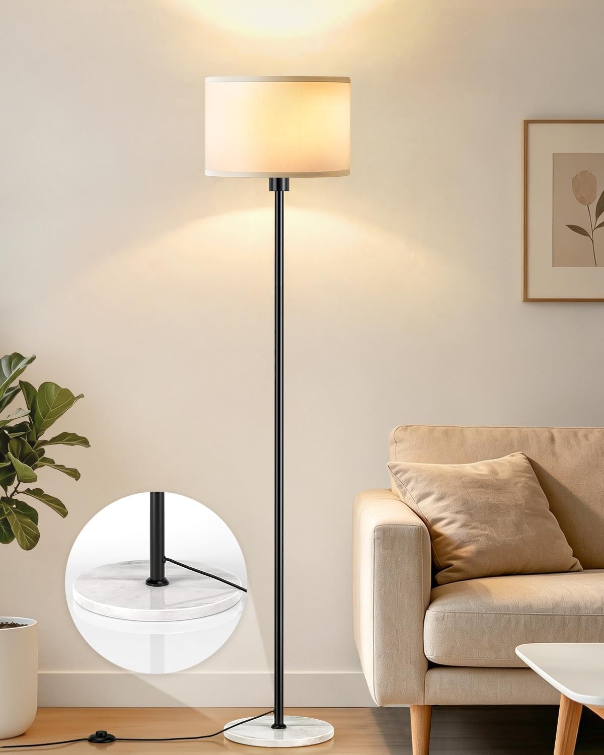 63" Black Floor Lamps for Living Room, Stable Standing Lamp with Marble Base, Tall Pole Light with White Linen Shade, Modern Floor Lamp for Bedroom Reading Office Corner Nursery, Bulb Included
