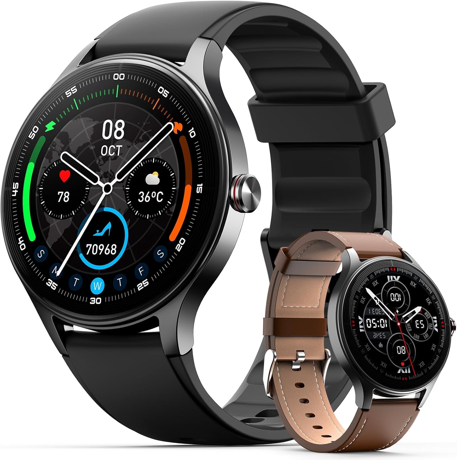 Woneligo Smart Watches for Men Women,1.57inch AMOLED Touchscreen Fitness Watch for iPhone & Android,Heart Rate/Sp02/Sleep Monitor,110+ Sport Modes IP68 Waterproof Bluetooth Calls,2 Bands (Black, 1.57)