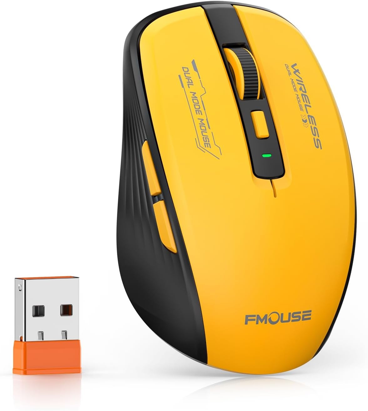 FMOUSE Wireless Mouse, Bluetooth & 2.4GHz Dual Mode, No Charging Needed (AA Battery), Silent Click, Side Shortcut Keys, 4-Level DPI, Compact for MacBook Laptop iPad PC – Yellow & Black