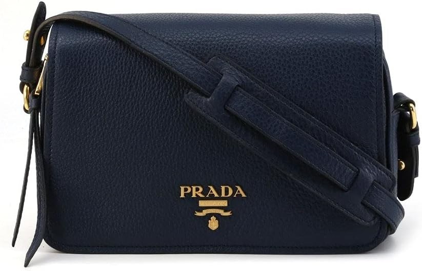 Prada Vitello Phenix Baltico Blue Leather Flap Crossbody Bag Calfskin Gold Tone Hardware Adjustable Strap Made in Italy New