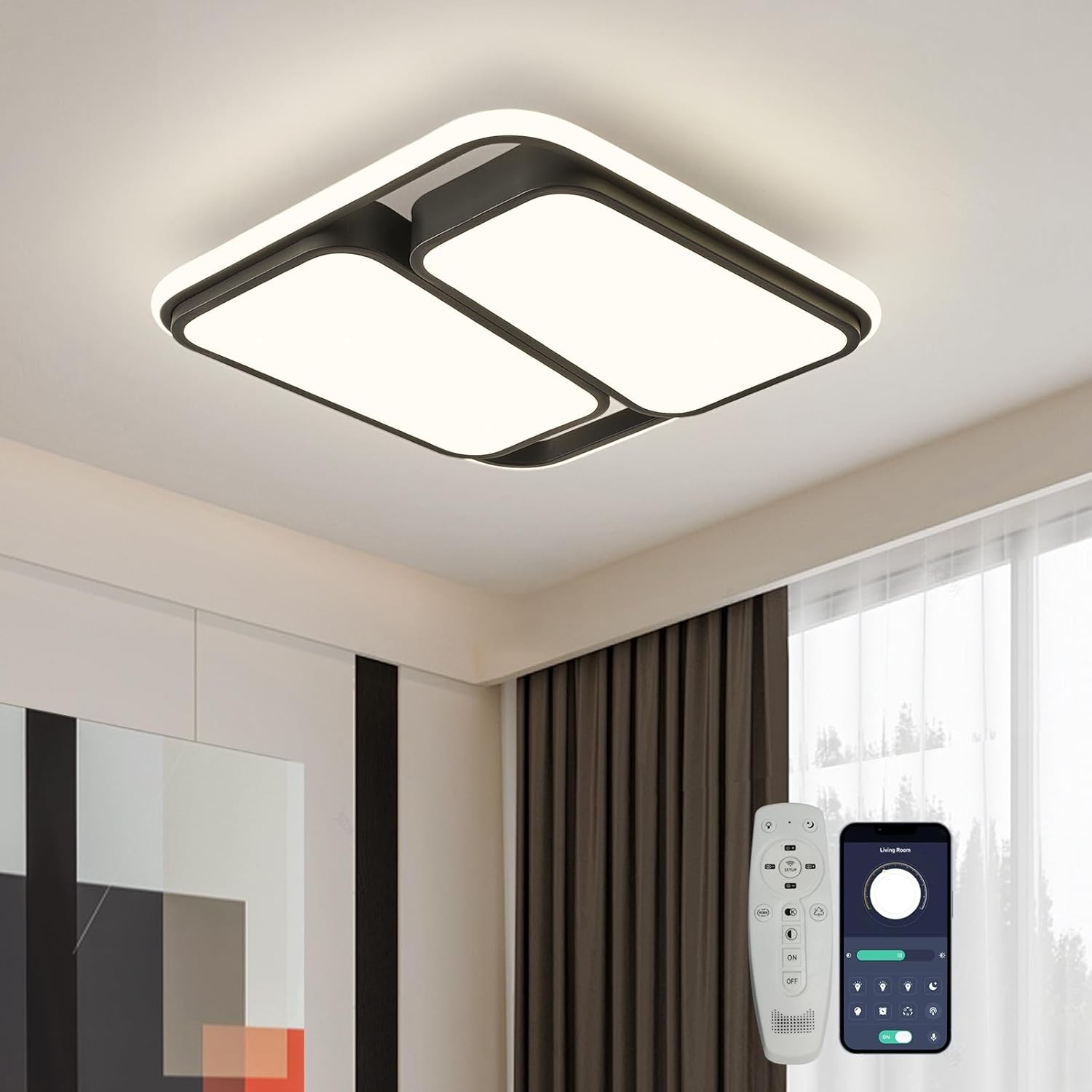 ORANOOR Modern LED Ceiling Light Fixture, 15.7 inch Dimmable Black Square Flush Mount Ceiling Lights with Remote, Bedroom Ceiling Lamp LED Chandelier for Kitchen Hallway Laundry Living Room, 60W