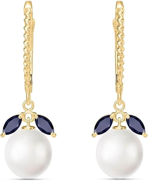 14K Solid Gold Leverback Earrings with Sapphires and Pearls