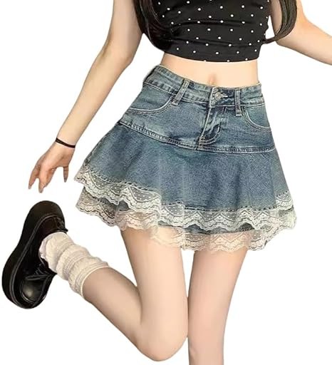 Y2K High Waist Denim Mini Skirt for Women - Layered A-Line Skater Skirt with Lace Trim, Casual Streetwear