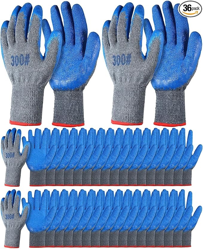 Haysandy 36 Pairs Rubber Work Gloves Latex Double Coated Safety Grip Work Gloves Bulk for Construction Gardening Landscaping for Men