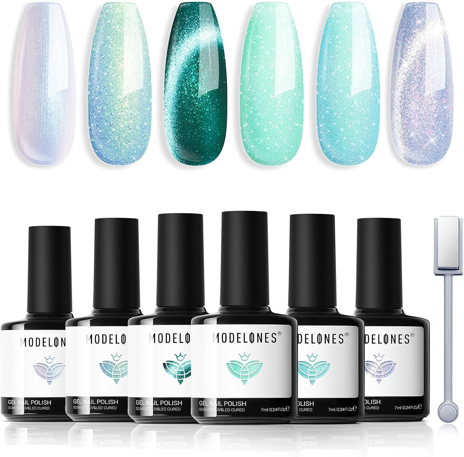 Modelones Gel Nail Polish Set, 6 Colors, Green Cat Eye Gel, White Glitter, Light Mint Green, Mermaid Pastel Shimmer Finish, Soak-off, LED Compatible, Spring & Summer Nail Art, Salon/DIY, Women's Gift