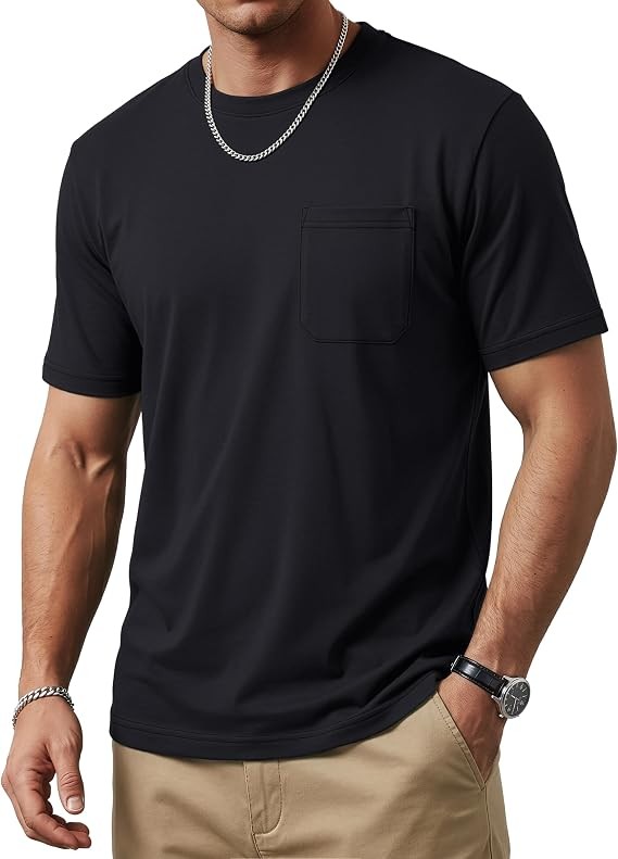 TACVASEN Cool Contact T-Shirt, Men's, Short Sleeve, Summer Clothes, Plain, Casual, Chest Pocket, Bamboo Rayon, Cotton | Cool Pocket 6.3oz Tagless Smooth Heavyweight UPF 50+ Machine Washable