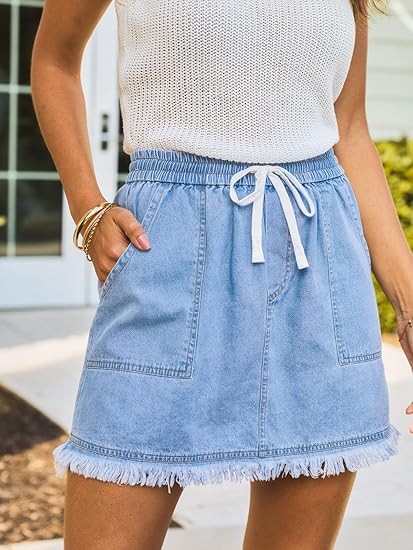CUPSHE Women's High Waist Denim Mini Skirts Drawstring Elastic Waist Frayed Hem Casual Summer Short Skirt