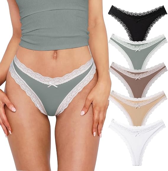 REORIA Womens Sexy Lace Cotton Seamless Thongs Panties for Women Cheeky No Show Underwear 5-Pack