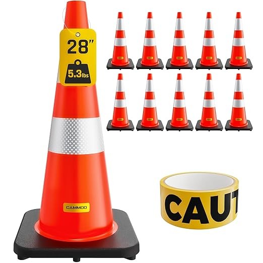 CAMMOO 10 Pack 28 Inch Traffic Cones with Black Base, from -22℉ to 131℉, MUTCD-Compliant Orange Safety Cone with Reflective Collar ＆ Extra Caution Tape for Parking Lot, Construction Work, Road Safety