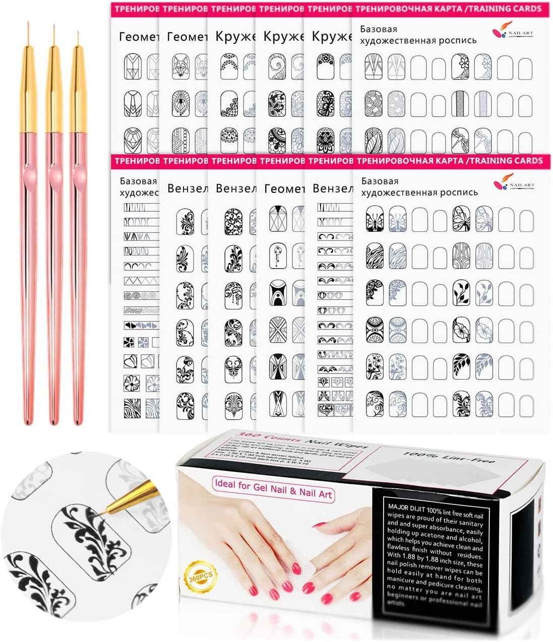 Nail Art Design Practice Book: Rose Gold Nail Liner Pens (360 pieces), Nail Wipes, Line Drawing, Painting Templates, Learning Book, Manicure Tools, Beginner-Friendly (White)