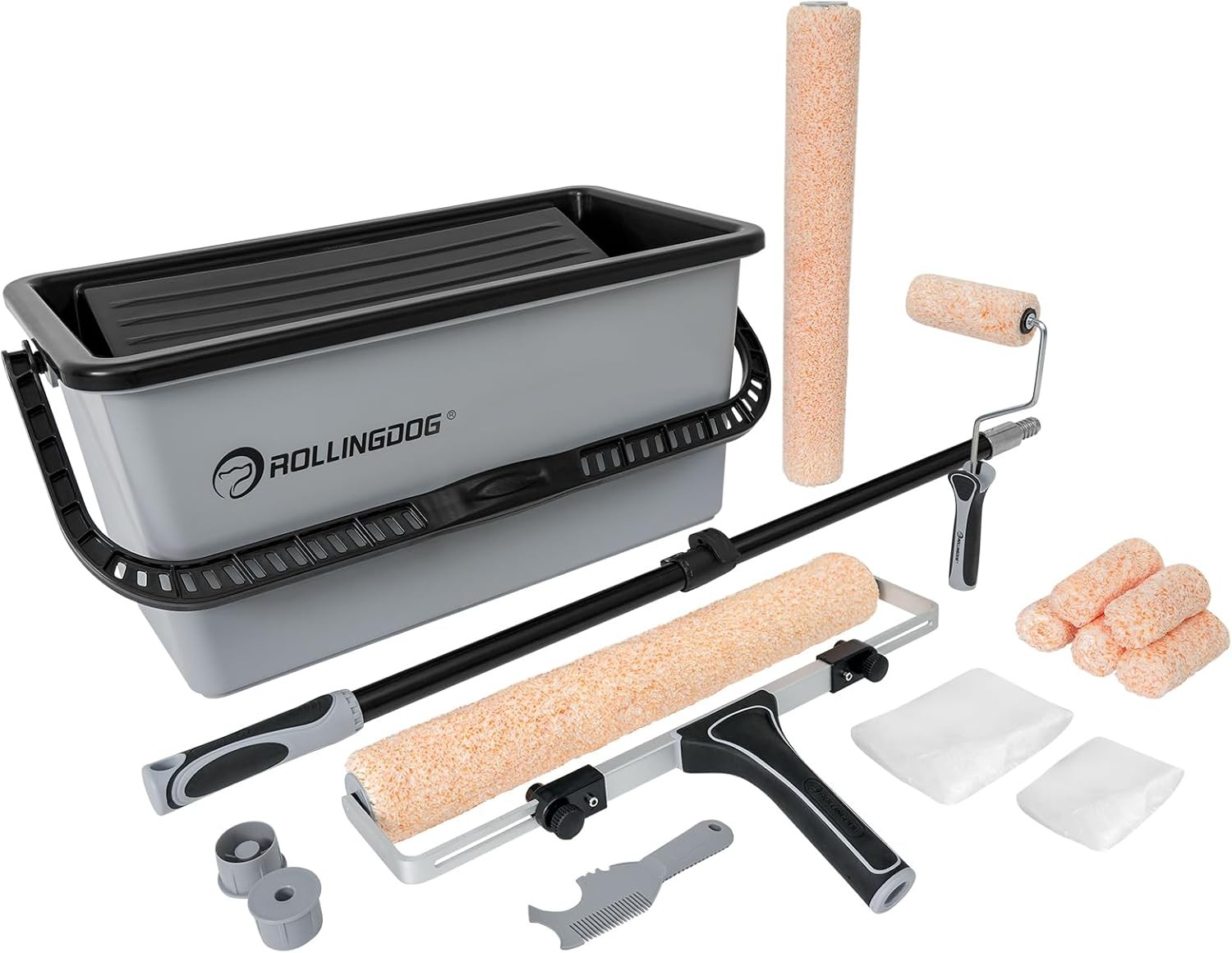 ROLLINGDOG 18 Inch Paint Roller Kit - Paint Roller with Extensiopn Pole 2 to 3.2 Ft,Paint Bucket With Liners,18 inch Microfiber Roller Sleeves(Pack of 2),4 Inch Roller Covers