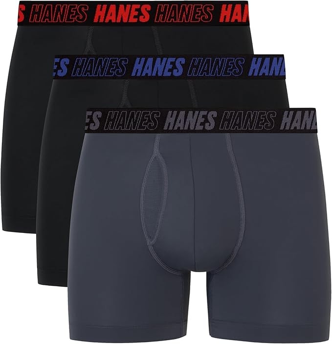 Hanes Men's Moves Performance Boxer Brief, Total Support Pouch, Regular, Trunk, and Long Leg, 3-pack