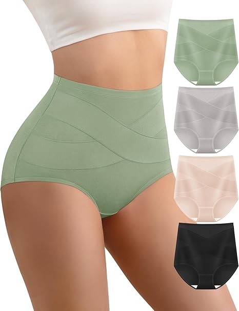 Women's High Waisted Cotton Underwear Panties Ladies Stretch Breathable Full Coverage Briefs 4 Pack
