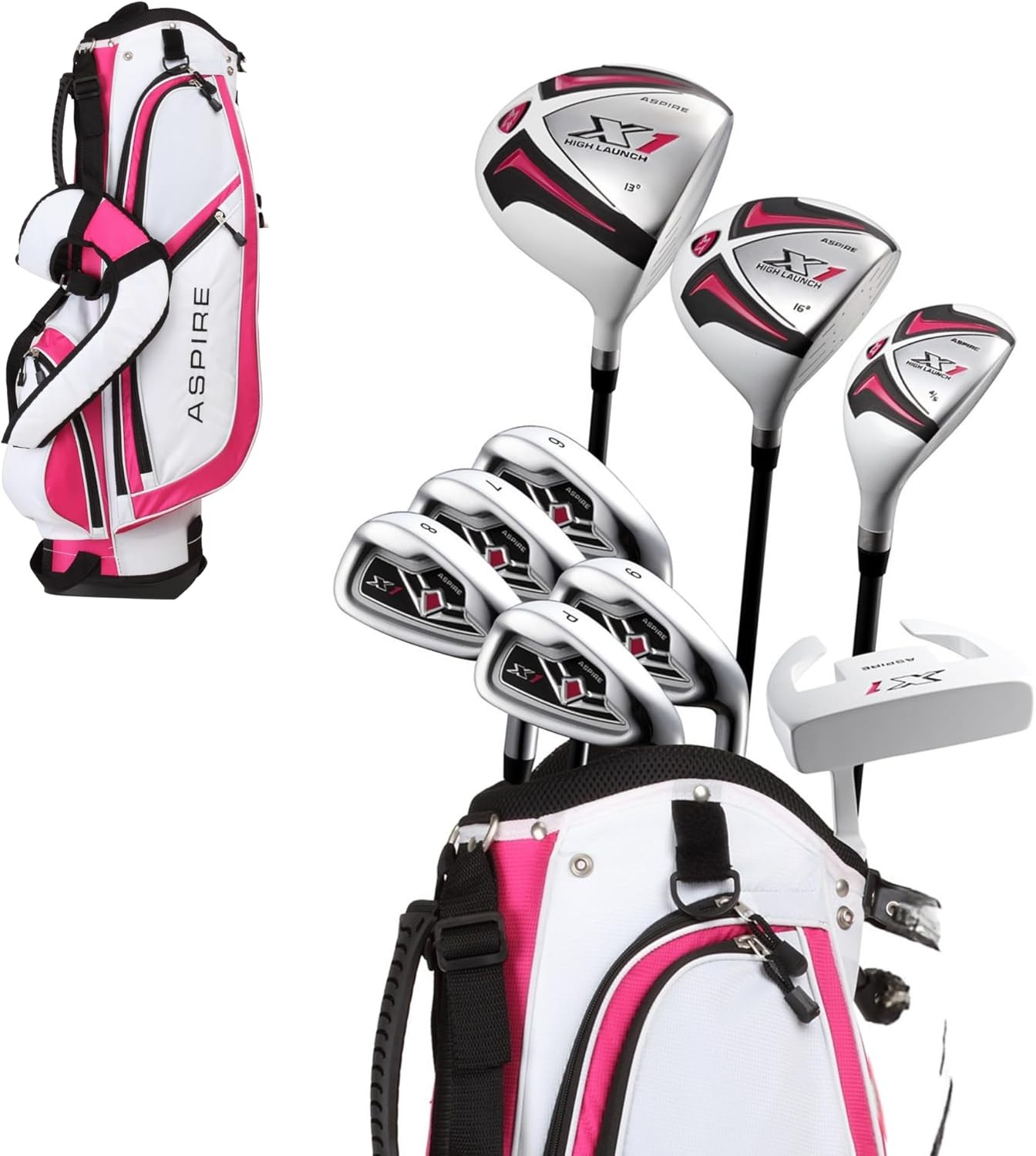 Aspire X1 Womens Right Handed Complete Golf Club Set Titanium Driver S.S. Fairway S.S. Hybrid S.S.6-PW Iron, Putter, Stand Bag, 3 H/C Cherry Pink