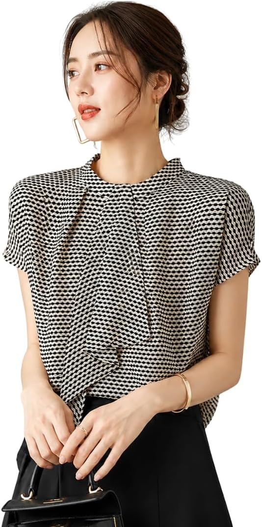 UQQA Women's Bowtie Blouse, Spring, Summer, French Sleeve, Geometric Pattern