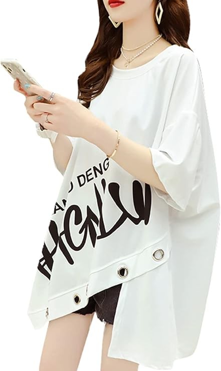 KSLAT Women's Short Sleeve T-Shirt, Loose, English Work, Simple, Summer, Thin, Long T-shirt, Hoodie, Tops, Hip Hop, Students, Street Style, Work, School, Korean Dance Clothes