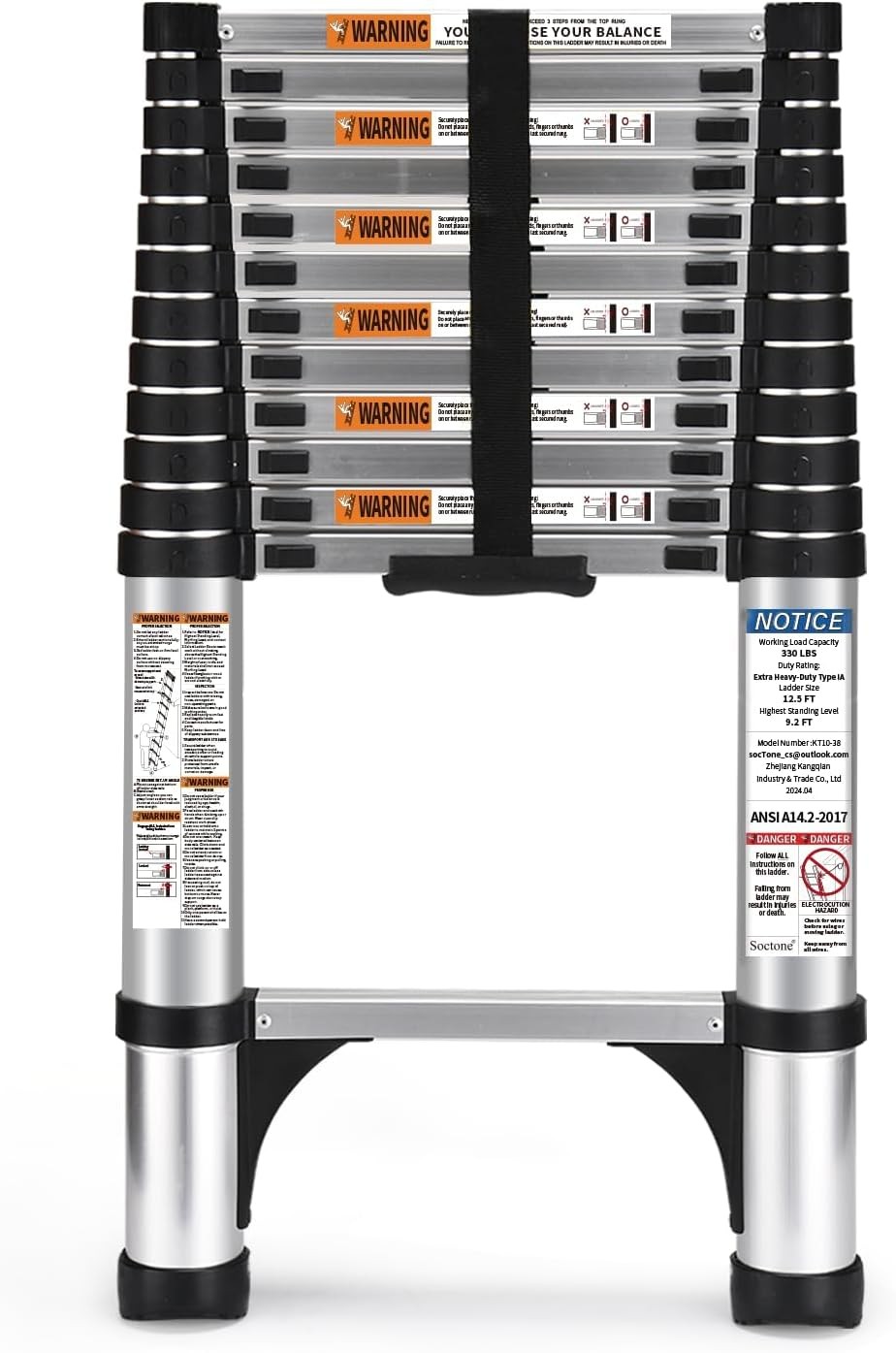 Telescoping Ladder, SocTone 12.5 FT Aluminum Lightweight Extension Ladder with 2 Triangle Stabilizers, Heavy Duty 250lbs Max Capacity, Multi-Purpose Collapsible Ladder for RV or Outdoor Work
