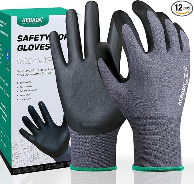 Kebada W5-12 Pairs Safety Work Gloves Foam Nitrile Coated, Seamless Knit Nylon Glove with Grip, Ideal for Mechanic, Warehouse, Construction & Gardening,
