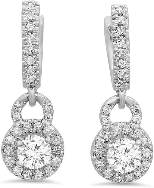 0.45 carat (CTW) 1/2 ct round white diamond women's Halo style dangle drop earrings in 14K white gold.