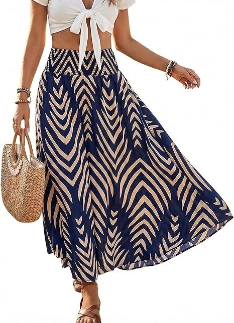 CUPSHE Women's Summer Maxi Skirt Abstract Irregular Hem Strapless Dress High Waist Smocked Coverup Casual Midi Skirt