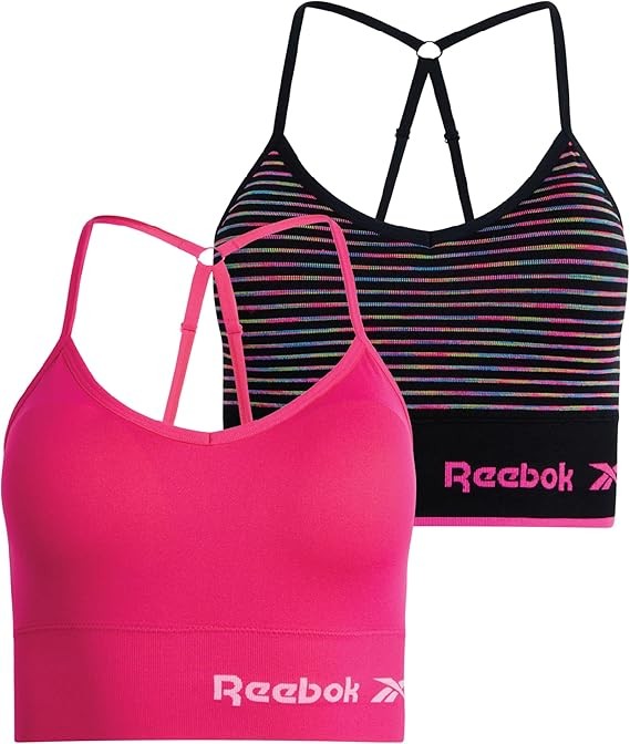 Reebok Womens Sports Bras - 2 Pack Seamless Soft Stretch Padded Sports Bras for Women with Adjustable Long Crossback Straps
