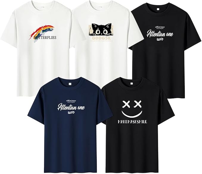 T-Shirt Set, Short Sleeve, Men's, T-shirt, Set of 5, Large Size, Crew Neck, Loose, Graphic Tee, Stylish, Women's, Unisex, 100% Cotton, Thick Fabric, Sweat Absorbent, Antibacterial, Odor