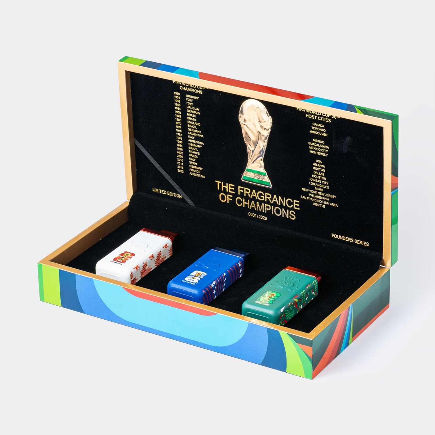 Official World Cup 2026 Fragrance Collectible Set. Limited Edition Box plus (3-Pack Unisex Eau de Parfums, 100ml Each) Only 2,026 boxes produced Worldwide. Unique number for each box